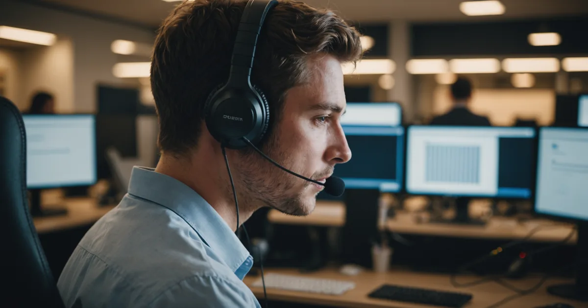 Contact center agent at workstation, focused expression, headset on