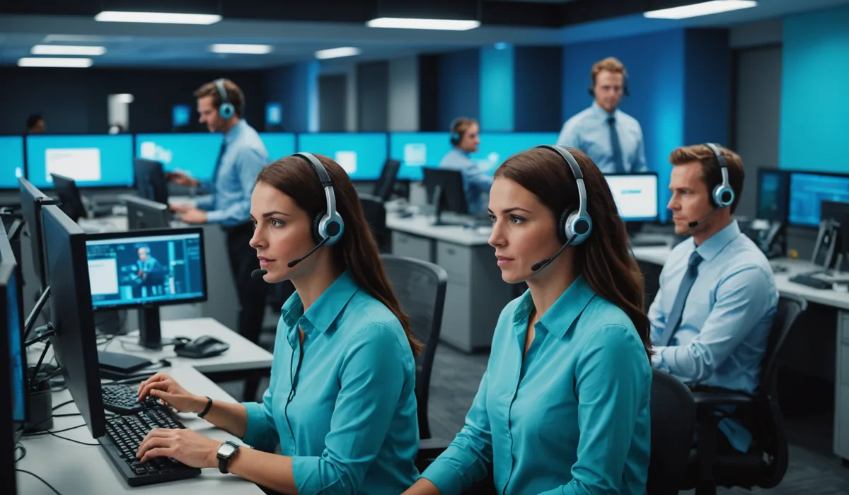 Contact center operations workspace with agents at workstations, professional environment